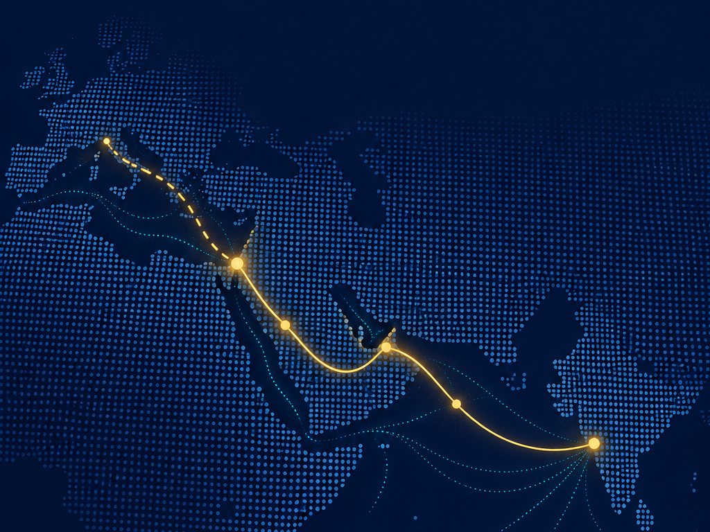 Dotted map with a gold route from India through the Gulf and Arabia to Haifa Bay and across the Mediterranean to Europe