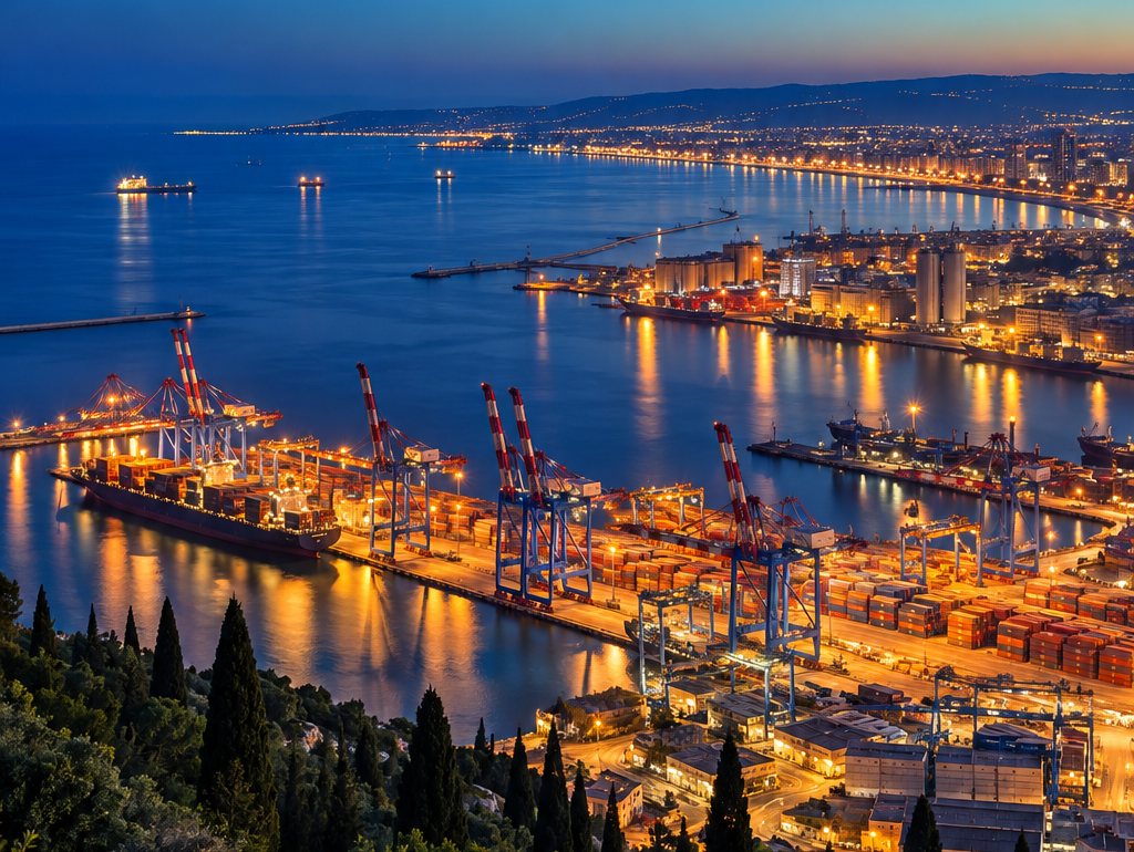 Haifa Bay and port at dusk